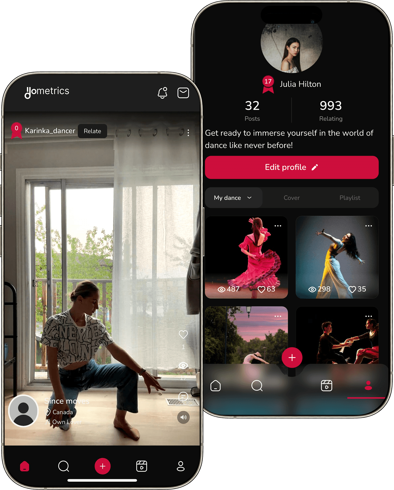 Dancer performing in a studio overlaid with IdoMetrics app interface showing AI dance analysis