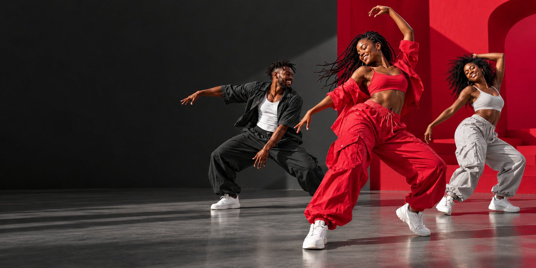 Three dancers performing in a crimson and charcoal studio