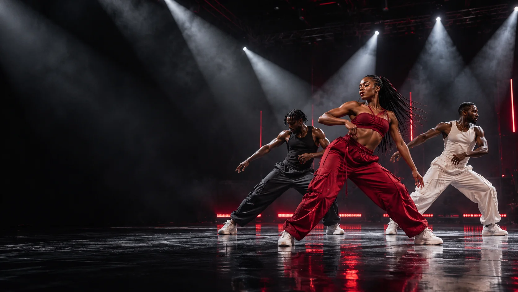 Three dancers performing under white spotlights on a crimson-lit stage